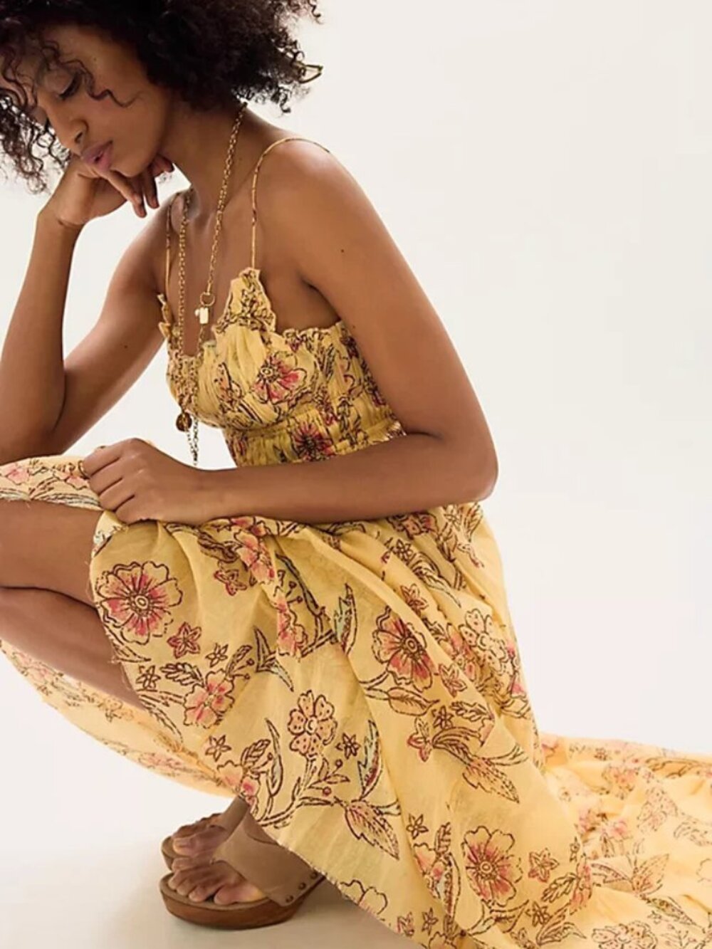 Free People FP One Ciella Printed Maxi Dress Floral Smocked Sleeveless Fitted L